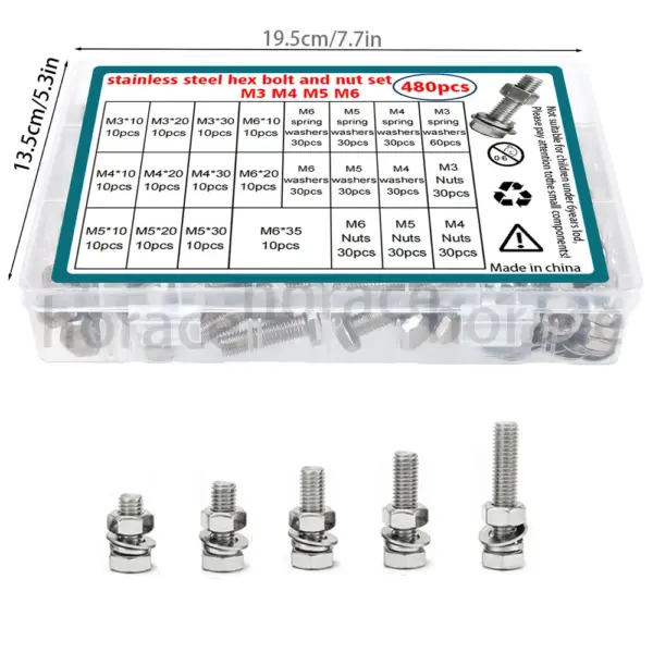 480-piece set of M3, M4, M5, and M6 stainless steel hex bolts, nuts, springs, and washers for home installation and maintenance.