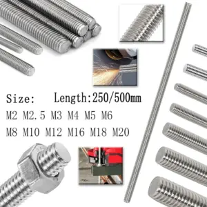 304 Stainles Steel Full Threaded Rod Bolt M2 M2.5 M3 M4-M20 Length 250/500mm Full Metric Headless Bolt Thread Stud Rods Screws