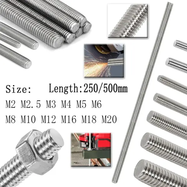 304 Stainles Steel Full Threaded Rod Bolt M2 M2.5 M3 M4-M20 Length 250/500mm Full Metric Headless Bolt Thread Stud Rods Screws