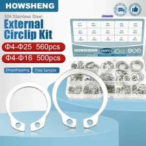 HOWSHENG 500/560pcs C Type External Circlip Set 4-25mm Stainless Steel Shaft Bearing Retaining Clip Snap Ring Assortment Kit