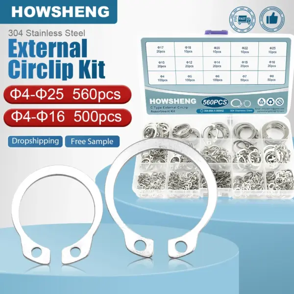 HOWSHENG 500/560pcs C Type External Circlip Set 4-25mm Stainless Steel Shaft Bearing Retaining Clip Snap Ring Assortment Kit