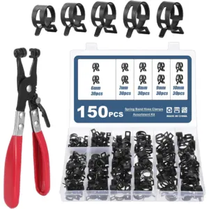150Pcs 6-10mm Black Q673B Vacuum Spring Fuel Oil Water Hose Clip Pipe Tube for Band Clamp Metal Fastener Assortment Kit + Plier