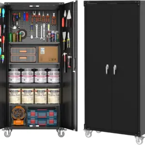 72" Lockable Metal Storage Cabinet with Doors, Wheels, Adjustable Shelves & Pegboard for Garage Workshop Home Office