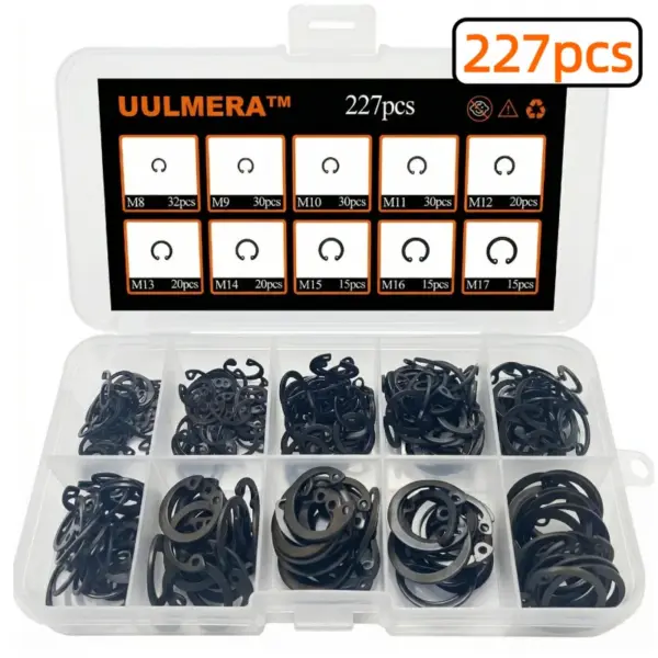 UULMERA 227Pcs Snap Ring Shop Assortment Alloy Steel External Circlip Snap Retaining Clip Rings Set,10 Sizes（M8-M17）