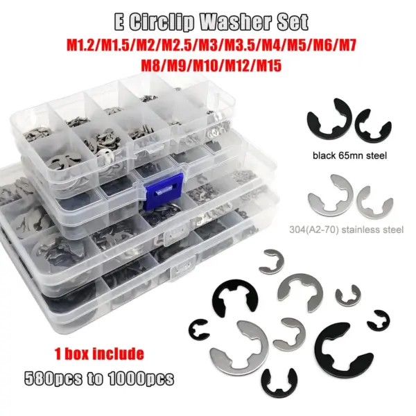 1 Kit M1.2 to M15 GB896 E type Circlip Shaft Bearing External Retaining Ring Snap Washer Black 65mn Steel 304 A2 Stainless Steel