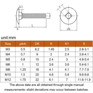 M3 M4 M5 M6 M8 M10 M12 304 Stainless Steel Carriage Bolts Round Head Square Neck Screws Shelf Machine Bolts Wood Metal Fastening
