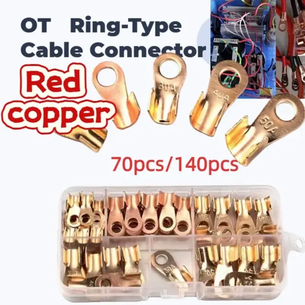 70/140pcs 5A-100A Open Crimp Ring Connector OT Cable Electrical Wire Terminal Copper Lugs Terminal Connectors Kit