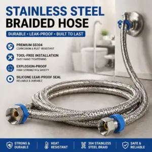 1/2 Inch 304 Stainless Steel Braided Hose, Anti-Burst Leakproof Hot Cold Water Flexible Tube for Faucet, Toilet and Water Heater