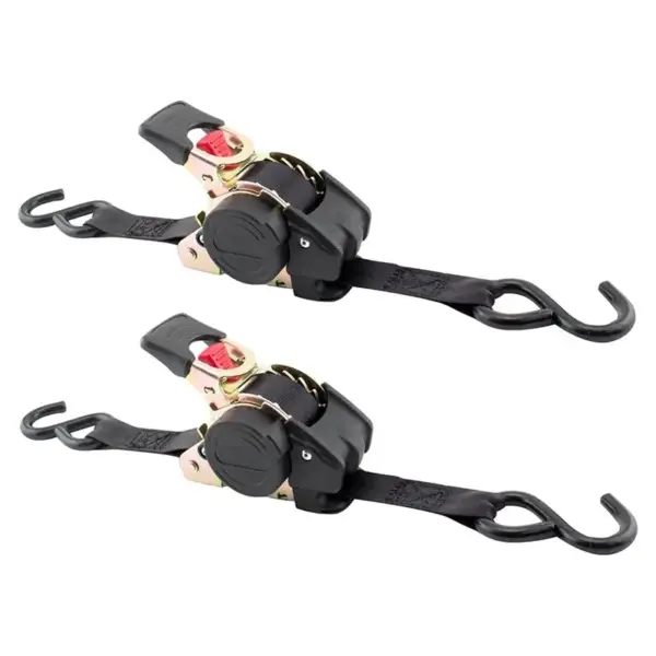 Happy New- 2Pcs Black Retractable Ratcheting Tie-Down Straps, 1In X 10Ft, Heavy-Duty Secure Hold