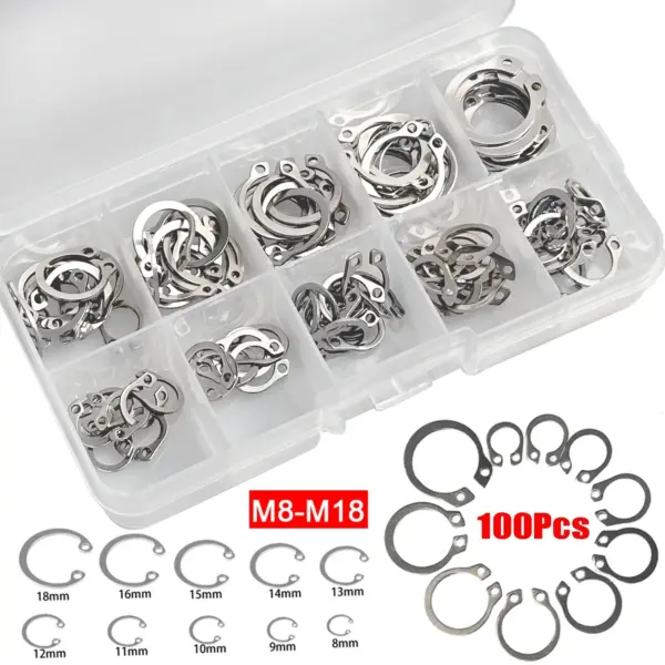 100Pcs Stainless Steel Circlip Kit 8-18mm Shaft C Type External/Internal Retaining Circlip Snap Ring Holes Shaft Collar Washer
