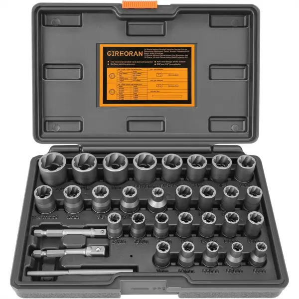 Upgrade Bolt Extractor Kit, 32 Piece Stripped Bolt Remover Socket Set, Rounded Nut Extractor with 1/4 and 3/8 Adapters for