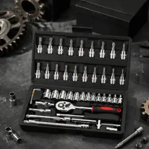 Complete 46 Pieces Socket Ratchet Wrench Set, 1/4 Inch Drive with Bit Sockets, Metric & Extension Bars, Professional Auto