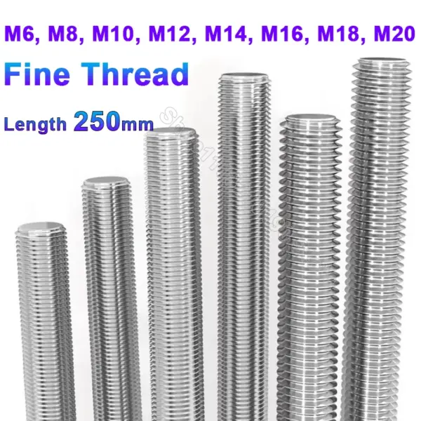 Full Fine Thread Rod MM6 M8 M10 M12 M14 M16 M18 M20 Stainless Steel Metric Headless Bolts Full Thread Shaft Rod Bar Stud L=250mm