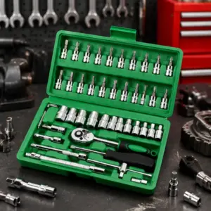 46PCS 1/4 Inch Drive Socket Ratchet Wrench Set with Bit Sockets, Metric & Extension Bars, Complete Professional Auto Repair Tool