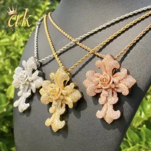 Aokaishen Iced Out Rose Flower Cross Necklace Pendant for Men Prong Setting 5A Cubic Zirconia Hip Hop Jewelry