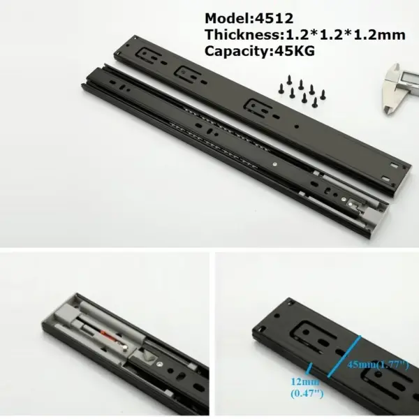 Push To Open Rebound 3 Folds Black Detachable Ball Bearing Furniture Cabinet Drawer Telescope Slide Side Mount Full Extension