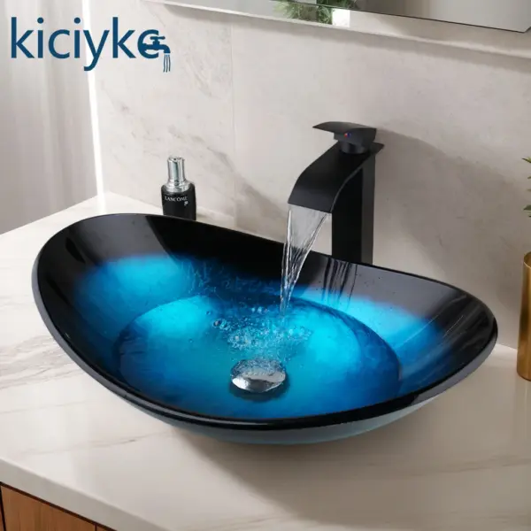 Blue Tempered Glass Vessel Sink for Bathroom Oval Countertop Basin with Chrome Mixer Tap Waste, Glass Wash Basin for Vanity