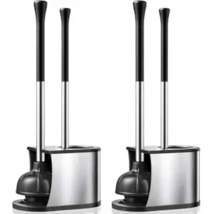 Toilet Plunger and Brush Set: Pack in Stainless Steel Rustproof Combo with Curved Bristles - Heavy Duty Toilet Unclogging for F