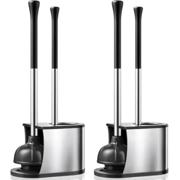 Toilet Plunger and Brush Set: Pack in Stainless Steel Rustproof Combo with Curved Bristles - Heavy Duty Toilet Unclogging for F
