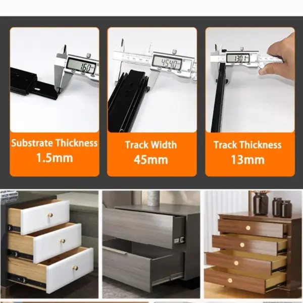 1.5mm Thick Black Steel Heavy-Duty Drawer Slides Three-Section Full Extension Universal Load-Bearing Rails for Cabinet Furniture