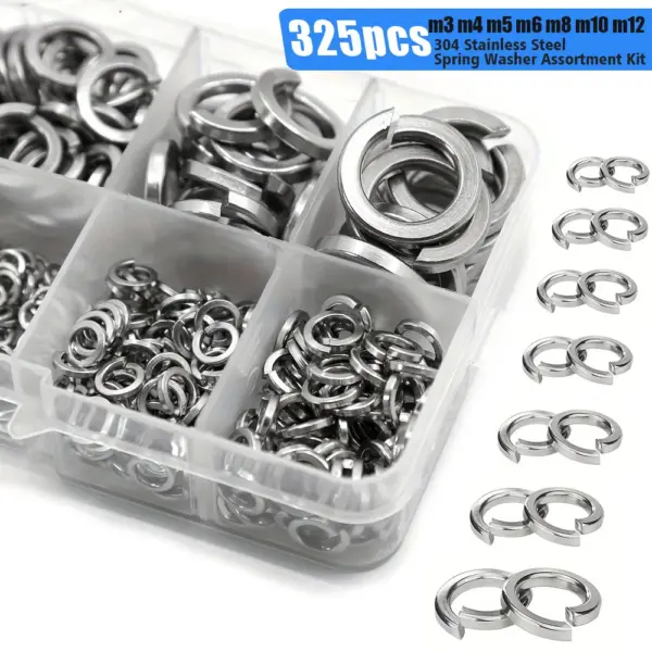 325-piece stainless steel spring washer set, M3 M4 M5 M6 M8 M10 M12, suitable for bolts and screws, enhancing screw tightening.
