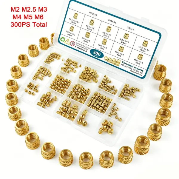 300Pcs Brass Threaded Inserts Kit M2 M2.5 M3 M4 M5 M6 Knurled Heat Set Inserts for 3D Printing, Plastic Parts, Furniture