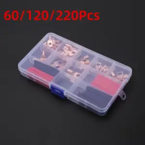 60/100/220pcs Copper Terminal Connectors, AWG 4 6 8 10 12 Ring Lug Kit With Shrink Tubing 50 Battery Cable Lugs With Shrink