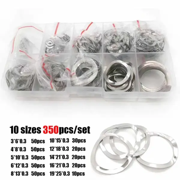 1Box 350pcs/set M3 M4 M5 M6 M8 M10 M12 M14 M16M19 304 Stainless Steel Three Wave Crest Type Spring Washer Gasket  Assortment Kit