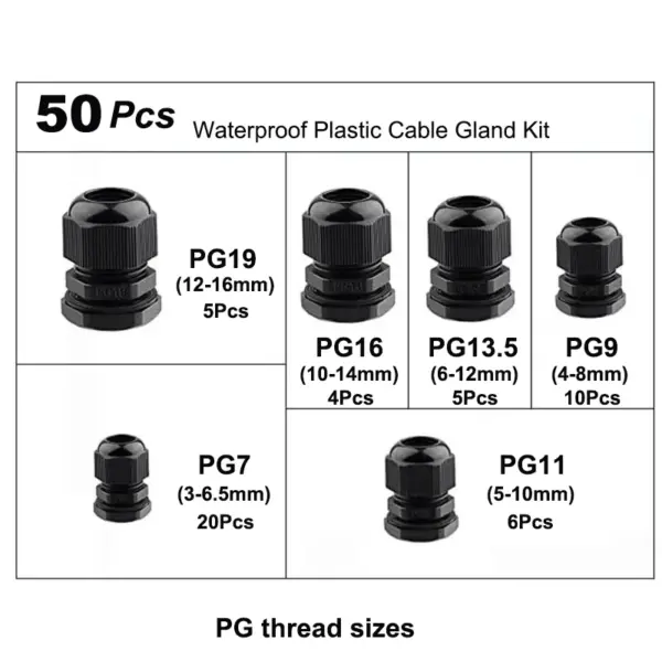 Waterproof PA66 Electrical Adjustable Joints Cable Gland Set with Gaskets 50pcs WIre Connectors