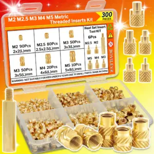 300Pcs M2-M5 Brass Threaded Inserts Heat Set Tool Knurled Nuts Kit for 3D Printing PLA ABS PETG PP PPS Plastic Parts All-in-one