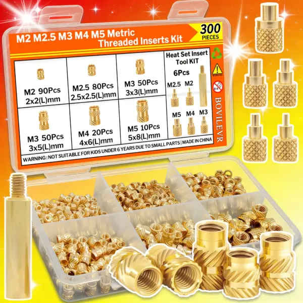 300Pcs M2-M5 Brass Threaded Inserts Heat Set Tool Knurled Nuts Kit for 3D Printing PLA ABS PETG PP PPS Plastic Parts All-in-one