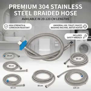 Premium 304 Stainless Steel Braided Hose Flexible Water Inlet Pipe with Safety Wrench for Toilet Faucet Water Heater 20cm-120cm