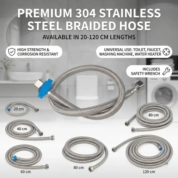 Premium 304 Stainless Steel Braided Hose Flexible Water Inlet Pipe with Safety Wrench for Toilet Faucet Water Heater 20cm-120cm