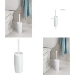 Slim Plastic Toilet Bowl Brush and Holder Set, Modern Compact Storage Organizer Cleaner Scrubber for Toilet - Heavy Duty Cleaning Plunger for Bathroom, Aura Collection - White