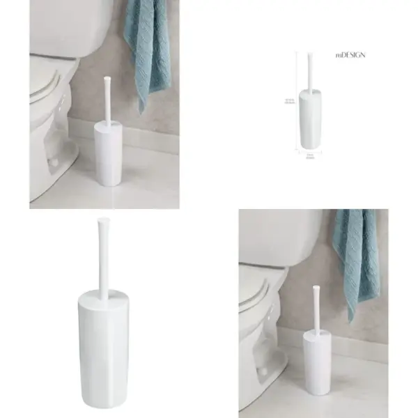 Slim Plastic Toilet Bowl Brush and Holder Set, Modern Compact Storage Organizer Cleaner Scrubber for Toilet - Heavy Duty Cleaning Plunger for Bathroom, Aura Collection - White