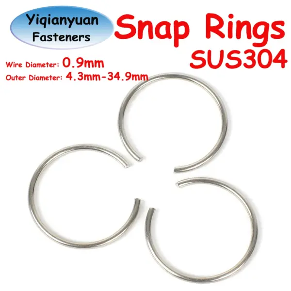 Yiqianyuan 10Pcs Wire 0.9mm SUS304 Stainless Steel Round Wire Snap Rings for Hole Retainer Circlips for Shaft OD=4.3mm~34.9mm