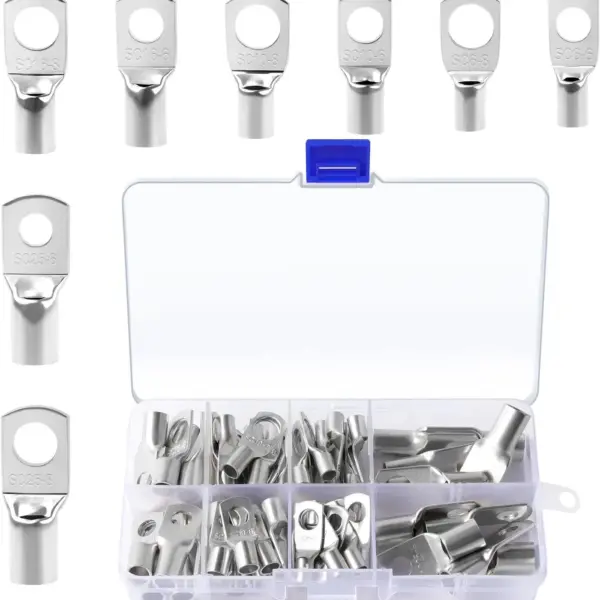 60pcs Tinned Copper Wire Lugs Kit Battery Lugs Crimp Battery Cable Ends Battery Terminal Connectors Ring Terminals 10-4 Gauge