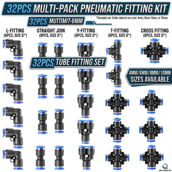 Pneumatic Connector 32PCS 4/6/8/10mm Air Line Fittings Push in Quick Joint for Tube Hose Plastic Water Pipe Straight Elbow Tee