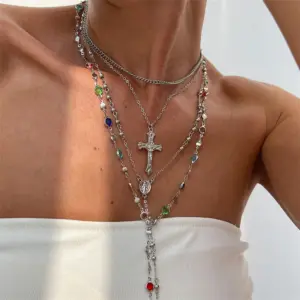 Crystal Luxury Rhinestone Cross Pendant Necklace Set for Women Vintage Simple Colorful Long Y-shaped Necklace Y2K Party Jewelry