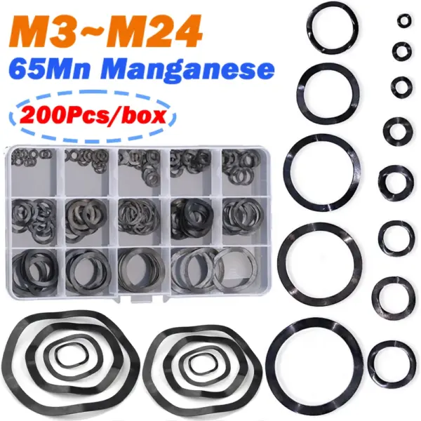Wavy Spring Washers Assortment Kit M3~M24 65Mn Manganese Three-Wave Crest Black Gasket Spring Gasket Elastic Washers Set Box