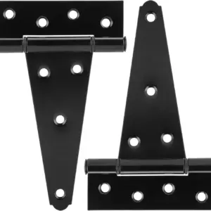 6 Inch T-Strap Heavy Duty Shed Door Hinges, Black Tee Hinges for Wooden Fences, Rustproof (2 Pack)