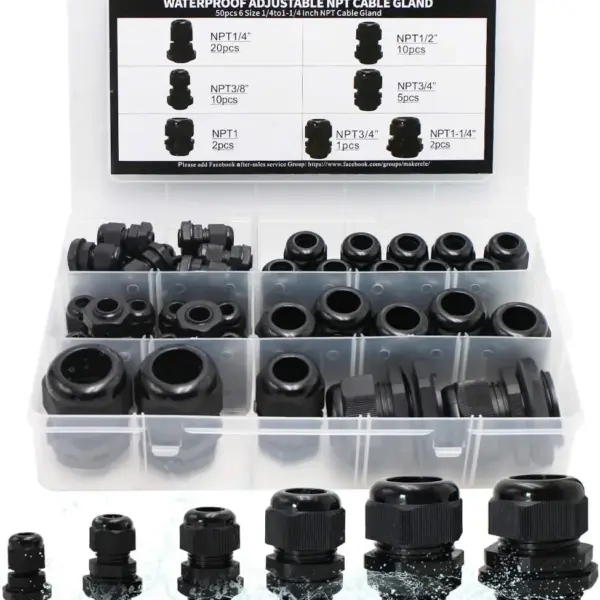 Waterproof Nylon Cable Glands Kit 50pcs NPT 1/4" to 1-1/4" for Electrical Box Strain Relief