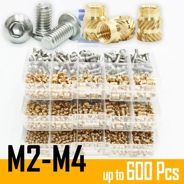600 Brass Insert Nut and Stainless Steel Screw Set Hot Melt Knurled Thread Embedment Copper Heat Nut Bolt for Plastic 3d Printer