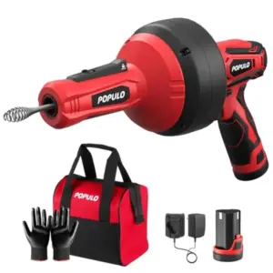 POPULO 12V Cordless Electric Drain Auger, Auto Feed Plumbing Snake Drain for Unclog Sink Drain 3/4"-2" Pipe, 16.8 FT Snake Hair