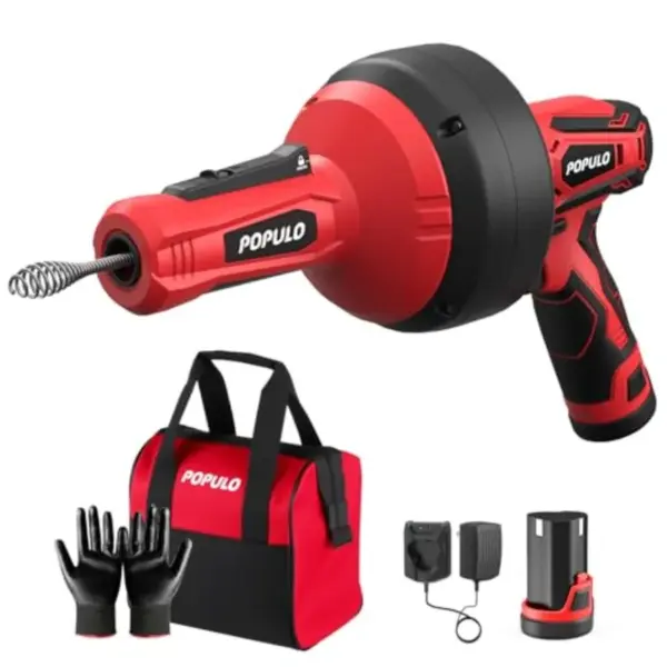 POPULO 12V Cordless Electric Drain Auger, Auto Feed Plumbing Snake Drain for Unclog Sink Drain 3/4"-2" Pipe, 16.8 FT Snake Hair