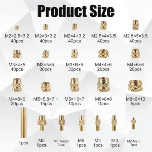 ABYA 407pcs Brass Threaded Inserts for 3D Printing,M2 M2.5 M3 M 4 M5 M6 Female Thread Metric Knurled Nuts Threaded Heat Set