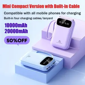 20000mAh High-Capacity Mini Power Bank with Built-in Cable 3C Certified