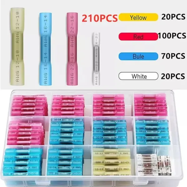 210Pcs Insulated Heat Shrink Butt Crimp Terminals Kit Electrical Wire Connectors Butt Splice Cable Connectors Tube Terminals