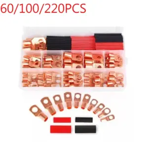 60/100/220pcs Copper Terminal Connectors, AWG 4 6 8 10 12 Ring Lug Kit with Shrink Tubing  Purple Copper Wire Lug SC Terminal