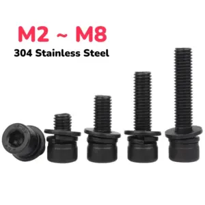 M2 M2.5 M3 M4 M5 M6 M8 Black 304 Stainless Steel Allen Hexagon Hex Cap Head Screw Washer Spring Gasket Combination Bolts